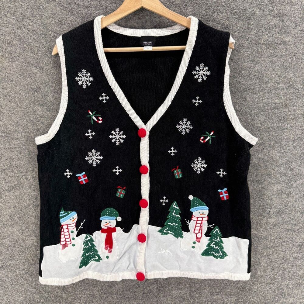 Holiday Editions Vest Women XL Black Snowman Button Up V-Neck Sleeveless Casual
